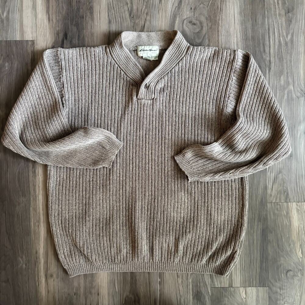 Vintage Eddie Bauer Knit Sweater Tan Khaki Men's Size S 1990s Henley